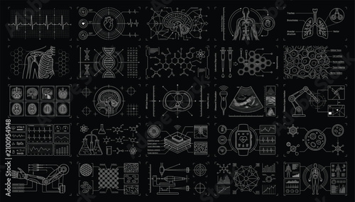 Human anatomy medical diagnostic interface set with biological research data and organ illustrations diagnostic research interface illustration healthcare analysis technology