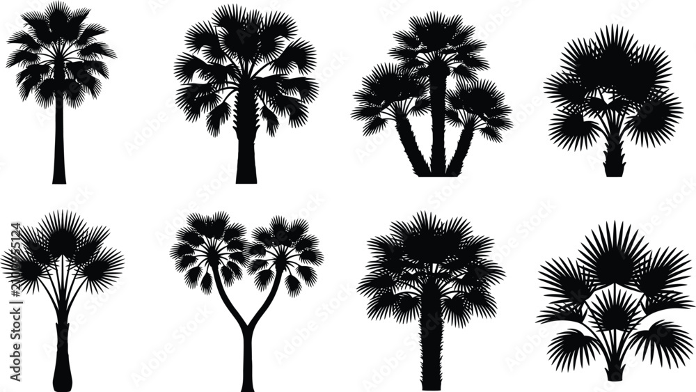 Obraz premium Palm Tree Silhouettes with Diverse Tropical Shapes for Exotic Landscape Illustration, Botanical Design, and Creative Art Projects