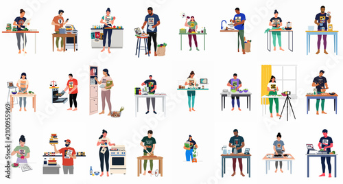 Diverse individuals engaged in various kitchen activities while wearing shirts with social justice, civil rights, and equality slogans.