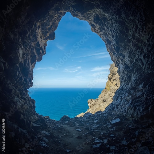 Natural Coastal Cave Opening with Blue Ocean View