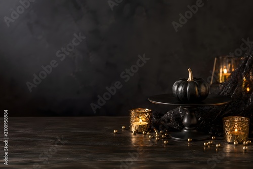 Luxury minimal halloween background elegant black pumpkin candle still life