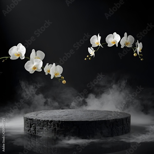 White Orchid Flowers Floating Above Dark Smoke Background