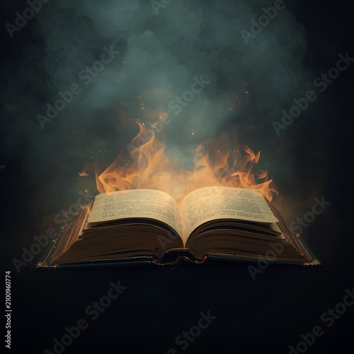 Open Magic Book with Glowing Fire and Smoke Fantasy Concept