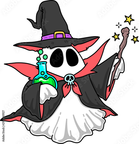 Halloween Ghost Wizard Holding Potion and Wand Cartoon