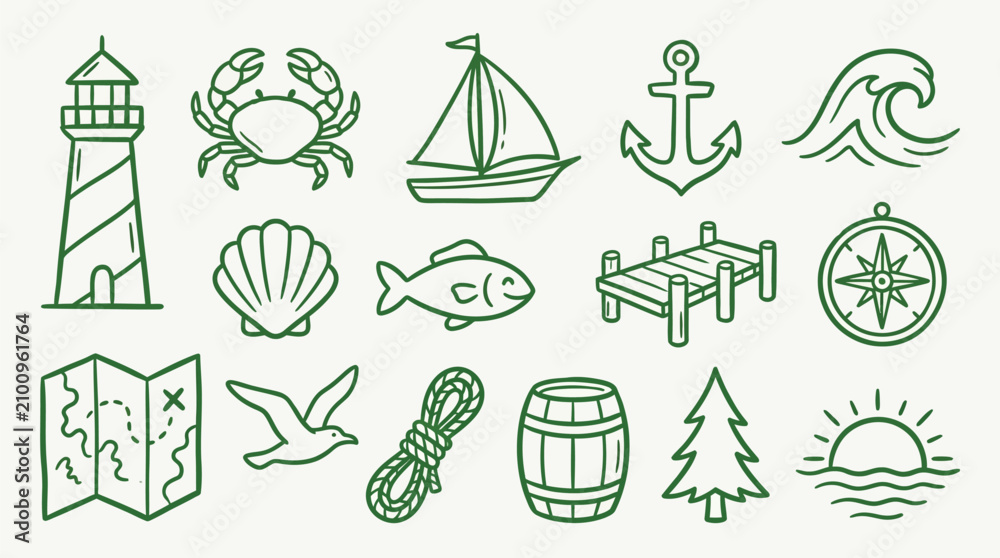 Fototapeta premium Collection of nautical and maritime icons in a simple line art style.