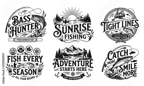 Set of six vintage monochrome fishing badges and emblems with jumping fish mountains pine trees and professional typography lettering designs