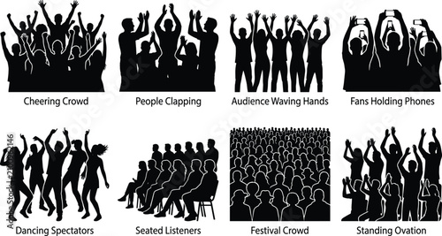 фотографія Crowd Audience Silhouette Vector Set with Cheering Fans Applause Celebration and