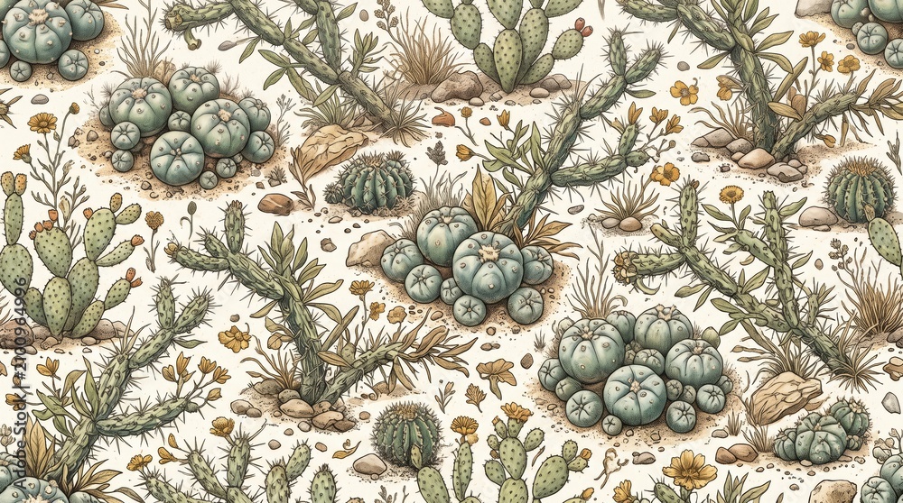 Obraz premium American pattern of desert cactus botanical illustration with botanical seamless succulent illustration background