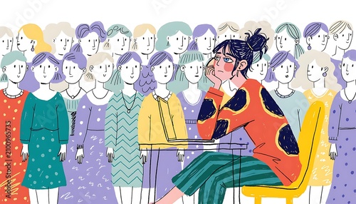 Hand-drawn neat illustration meaningful scene of a lonely woman feeling different in a crowd of similar people standing around her