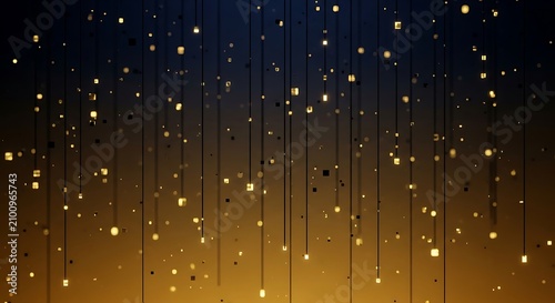 Abstract black background with golden falling particles. Luxury dark backdrop with glowing light.
