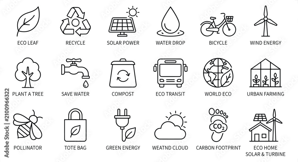 Fototapeta premium Clean outline icons representing sustainability and environmental concepts with natural elements and renewable energy symbols