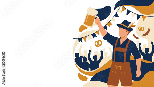 Man in lederhosen raising a beer stein at an Oktoberfest celebration with cheering crowd.