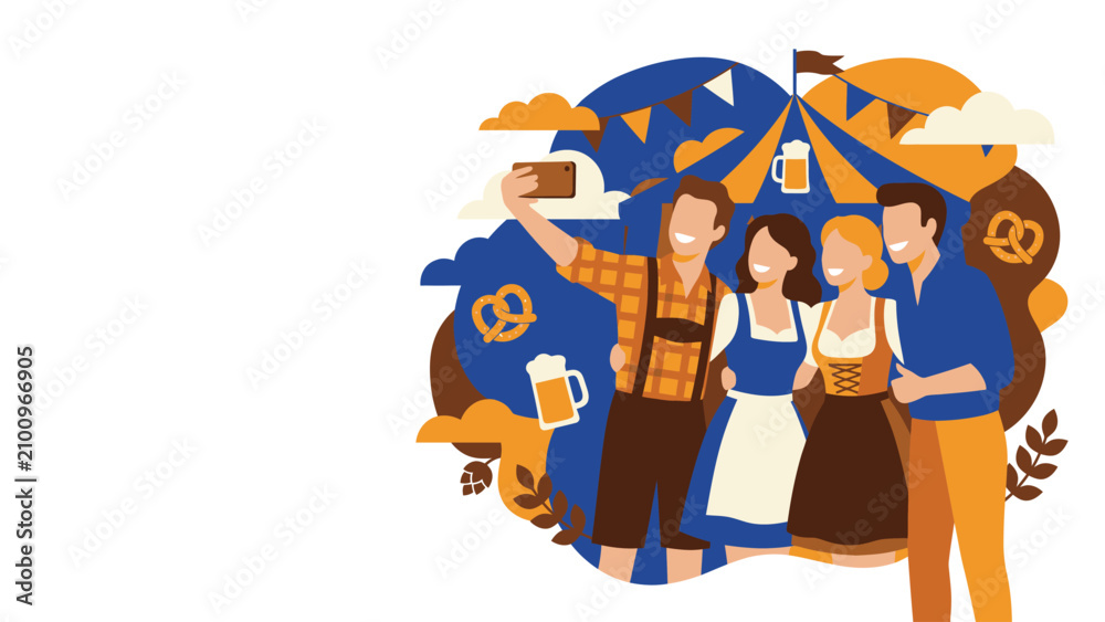 Fototapeta premium Friends enjoying a Bavarian beer festival under a colorful tent with pretzels and steins.