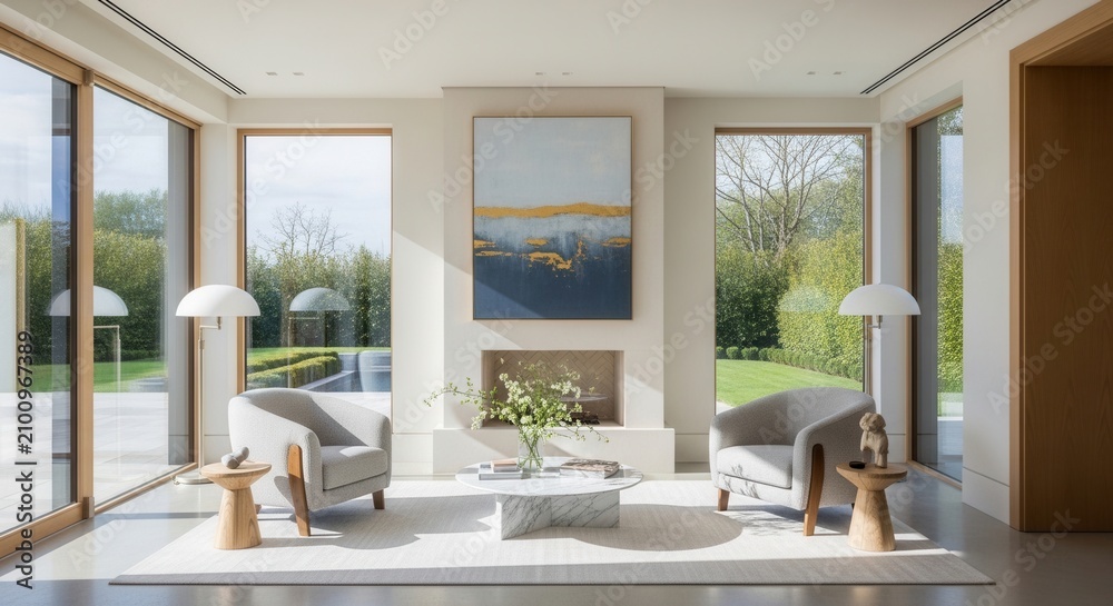 Fototapeta premium Serene Contemporary Living Room With Abstract Art And Garden Views