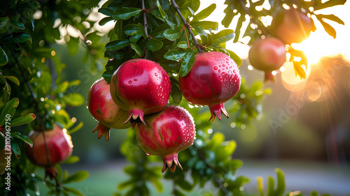 Ripe red pomegranates with water droplets on a tree branch at sunset fruit 1
