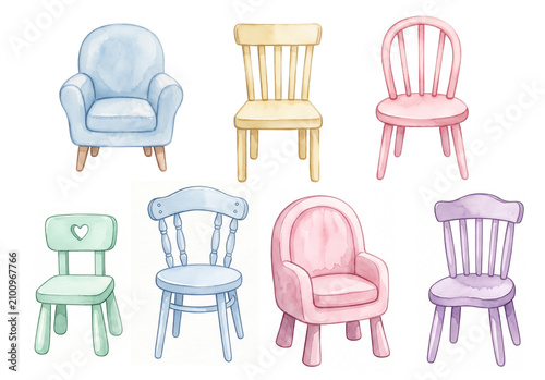 Pastel watercolor set of cute children's chairs and armchairs