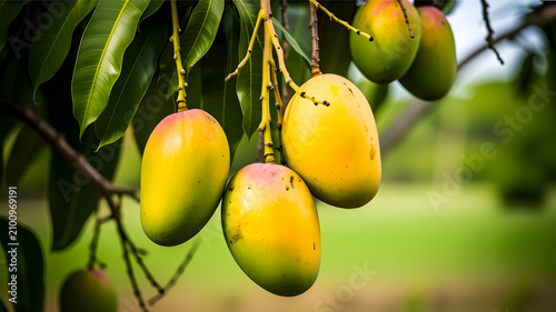 Ripe yellow and green mangoes hanging from a tree branch with lush foliage fruit tropical