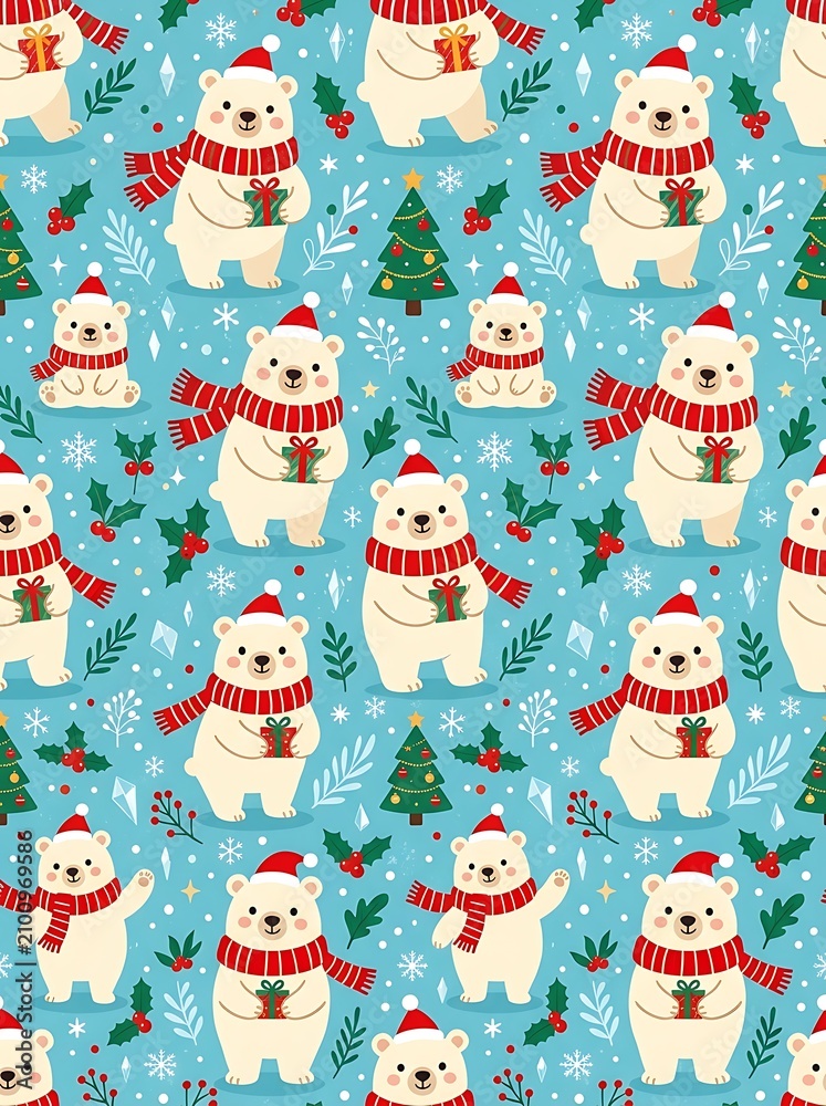 Fototapeta premium Cute polar bear seamless pattern with santa hats and gifts