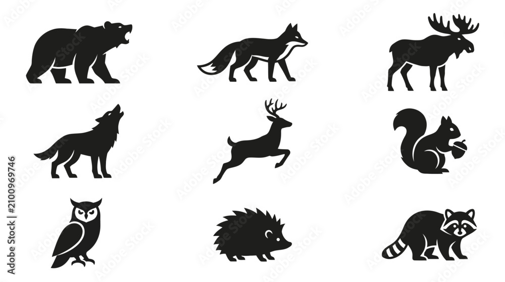Obraz premium Woodland and temperate forest animal silhouette icons.