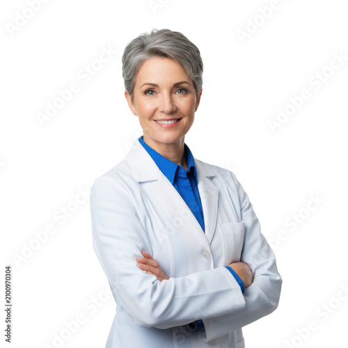 Mature caucasian woman with salt-and-pepper hair, wearing a white lab coat and blue shirt, standing with arms crossed in a studio, professional leadership mood