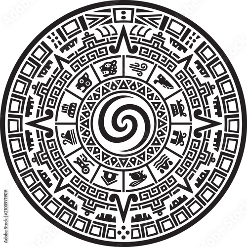 Aztec calendar stone circular emblem with ancient symbols and a central spiral pattern in black and white line on a white background isolated