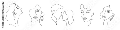 Women and couple portraits set, faces in continuous one line drawing style with black outlines isolated on white background, hand drawn graphic illustration, fashion art collecton