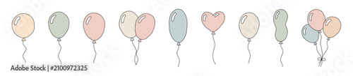 Delicate pastel balloons set, graphic illustration on white background. concept of celebration, party decoration, festive, birthday, event decor, design element, cute icons