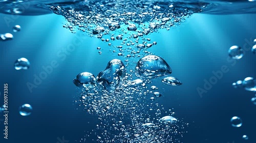 blue liquid water bubbles floating in crystal-clear fluid, macro cinematic view, transparent bubbles of various sizes gently rising and swirling with natural fluid dynamics