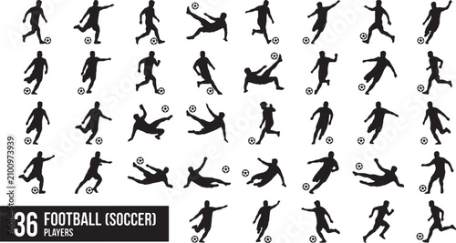 Εκτύπωση καμβά Set of thirty six soccer player silhouettes in various action poses with balls i