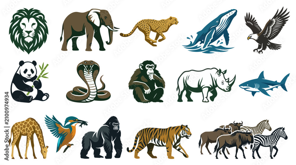 Obraz premium Flat Design Stylized Wildlife Animals Vector Illustration Set for Nature and Zoo Concepts