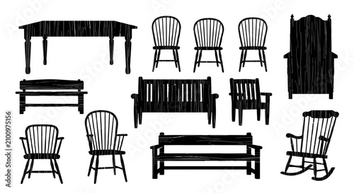 Foto Collection of black wooden furniture silhouettes with furniture pieces including