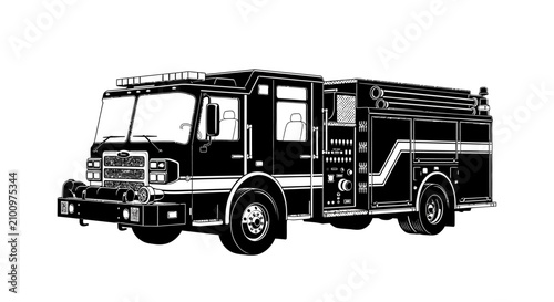 Detailed illustration of a black fire truck with showcasing front side profiles various equipment white illustration automotive transport with emergency