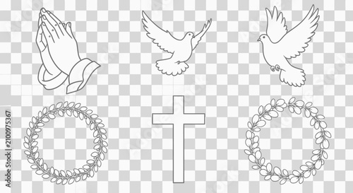 Praying hands doves cross and laurel wreaths on transparent background with collection religious symbols wreaths all black symbols with symbols