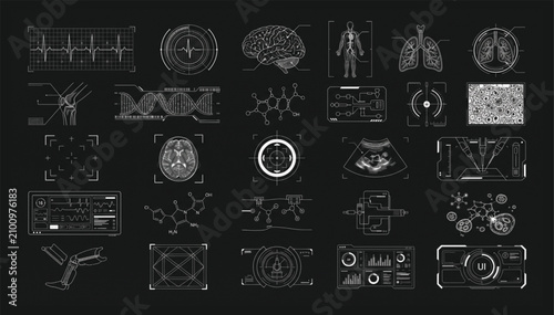 Biological and medical diagnostic interface icons with anatomy data and scientific symbols biological diagnostic interface scientific healthcare research analysis chemistry clinical