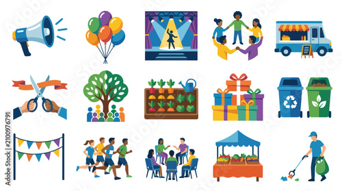 Flat Design Community Event  Activity Icons Set for Social Gatherings, Celebrations, and Public Life Illustrations
