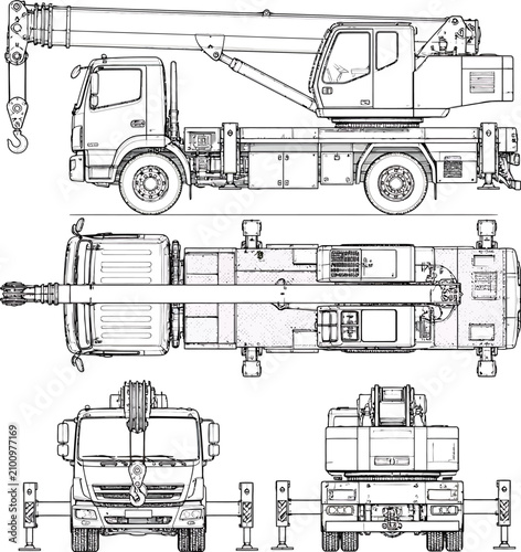 Konstfotografi Hydraulic outrigger stabilizer leg extended on a heavy construction truck