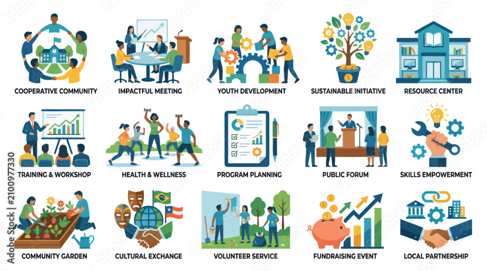 Naklejka premium Community Development and Social Program Flat Vector Icons Set. Non-profit Organization Activities Collection.