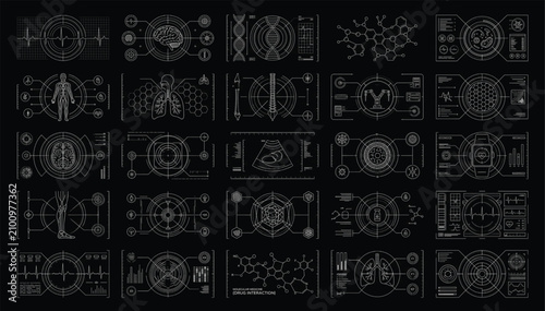 Advanced medical data visualization icons and human biological diagnostic interface set with visualization biological diagnostic interface healthcare research analysis chemistry