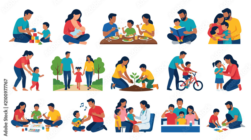 Fototapeta premium Family Parenting Flat Design Vector Illustration: Parents and Children Engaged in Daily Life Activities