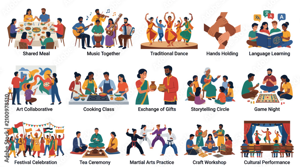 Naklejka premium Cultural Diversity and Community Engagement Flat Vector Illustration Set of Traditional Activities and Social Interactions