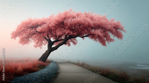 Serene Foggy Landscape with Cherry Blossom Tree Beside Calm Pathway in Early Morning Light