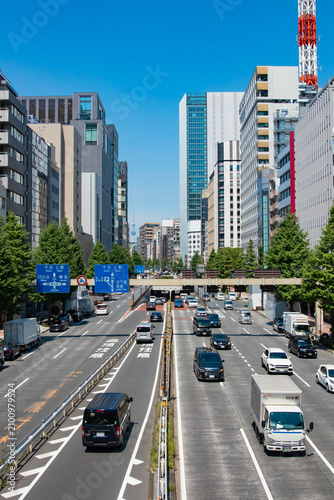 A cityscape of traffic jam at the urban city street in Tokyo wide shot