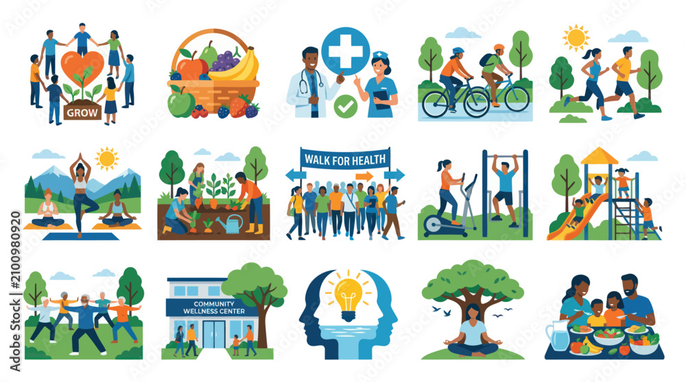 Fototapeta premium Health and Wellness Flat Vector Illustration Set: Community Wellbeing and Active Lifestyle Concepts