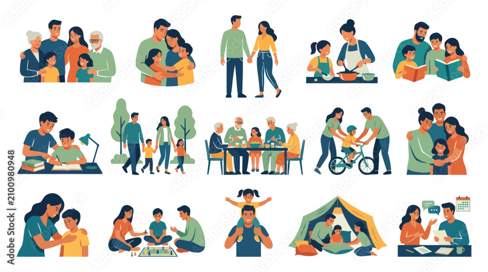 Fototapeta premium Family Life Flat Vector Illustrations of Happy Parents, Children, Grandparents Daily Activities Set