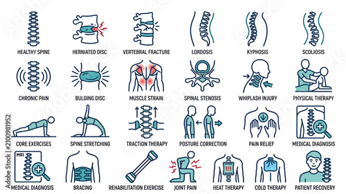 Tableau sur toile Spine Health and Rehabilitation Icons Set