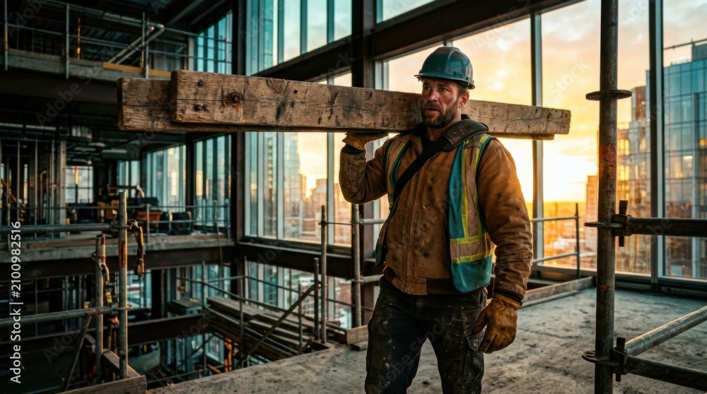Fototapeta premium Rugged Construction Worker Bearing Heavy Timber in Modern Skyscraper Setting