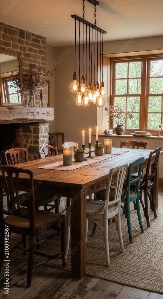 Fototapeta premium Rustic Dining Room With Edison Bulb Chandelier And Warm Ambiance