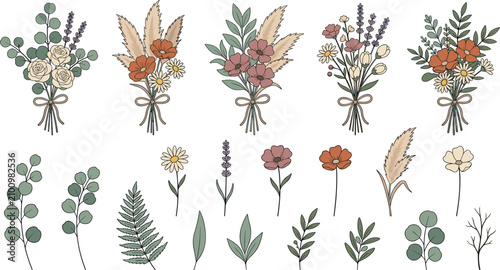Boho wildflower bouquet collection with eucalyptus, pampas grass, dried flowers and botanical foliage in rustic floral hand drawn vector set