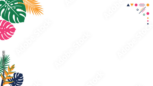 Bild auf Leinwand Bright tropical leaf corner frame design with colorful botanical border