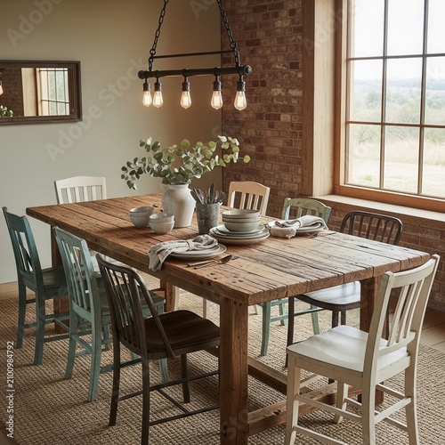 Rustic Farmhouse Dining Set With Eclectic Chairs And Natural Light